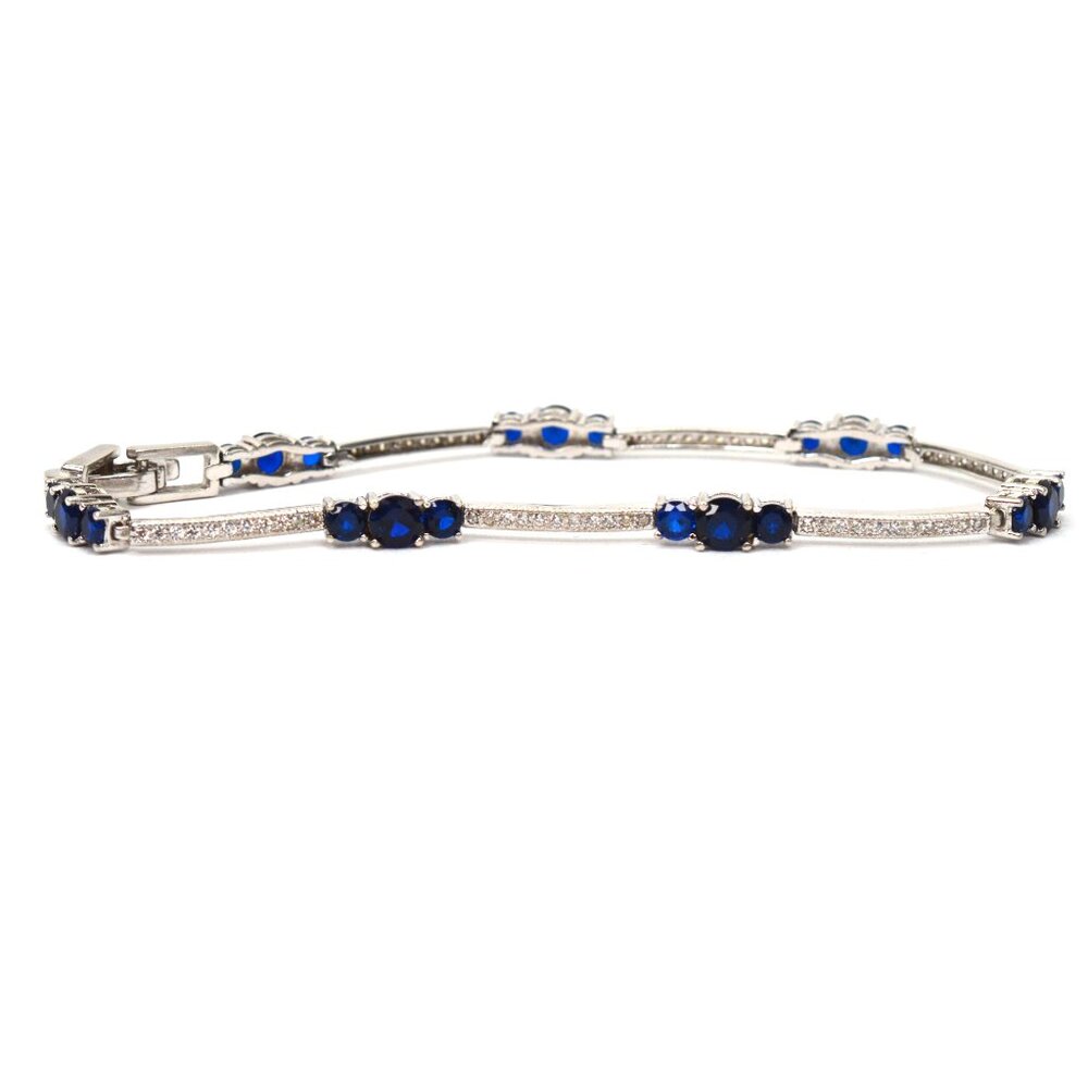 Vintage Sterling Silver Station Bracelet w Synthetic Sapphires Cubic Zirconia